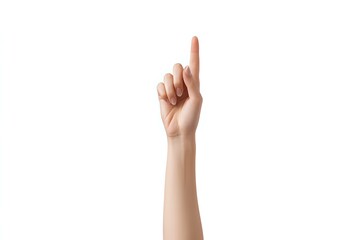 Female hand with index finger pointing upward against white background, isolated gesture showing direction or attention on clean backdrop.