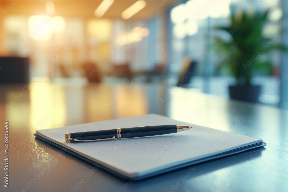 Poster Imagine a modern workspace with a sleek notepad and stylish pen, designed to inspire creativity and collaboration, enhancing productivity and focusing on key management strategies for success