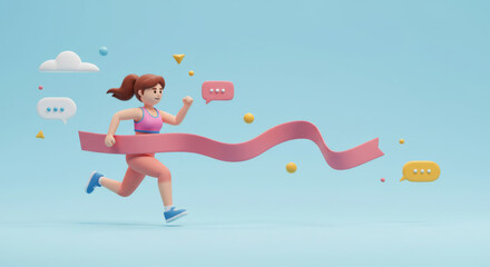 Fototapeta premium A cartoon woman running across a finish line ribbon