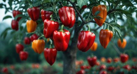 Obraz premium red bell peppers growing on tree in farm