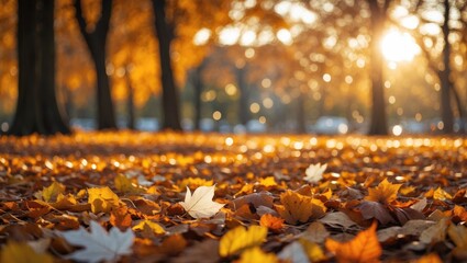 orange autumn leaves on the ground in a park, sunny natural background