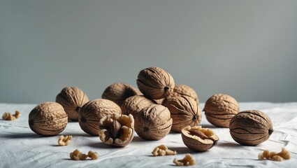 On a light backdrop, a collection of peeled walnuts is visible.