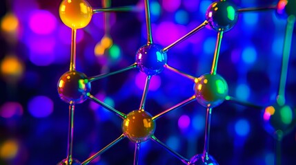 Colorful molecular structure model with glowing spheres connected by rods against vibrant bokeh background showing scientific concept of chemistry and research.