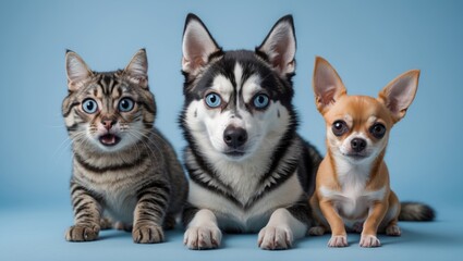 Obraz premium Surprised cute animals on a light blue background. Tabby cat and dogs with large eyes.