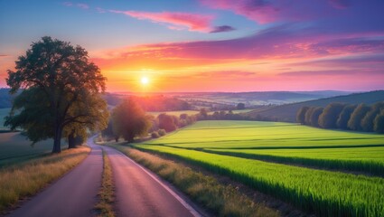 Sunshine At Sunset In A Bright Sky. Beautiful Evening Sky Over A Rural Landscape With A Road. Young Green Wheat Field Meadow And Countryside Road. Agricultural And Weather Outlook Concept.