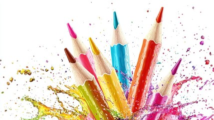 Fototapeta premium Colorful pencils in vibrant splashes; art supplies; studio shot; creative background