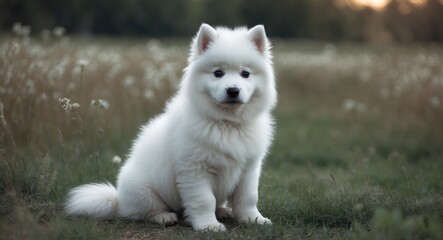 Obraz premium A serious White Samoyed Puppy sitting in a field. Adorable white fluffy dog with long fur in the park, meadow, or field. Beautiful eyes.