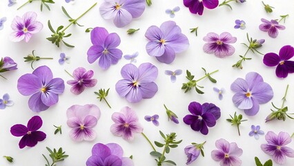Top view of violet and purple flowers spread across a white background in a stunning panoramic composition