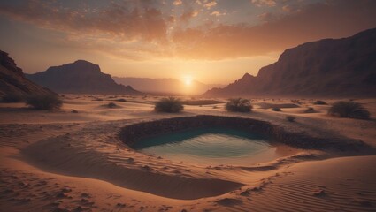 Fototapeta premium Oasis during sunset in a sandy desert. Environment map.