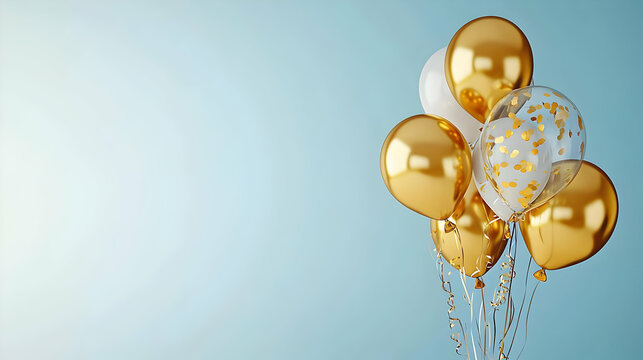 Gold And White Balloons With Confetti On Blue Background
