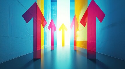 Colorful Upward Arrows in Modern Corridor, Success Concept
