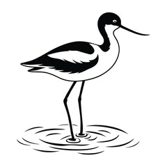 Naklejka premium Avocet Wading in Shallow Water with Curved Beak Silhouette