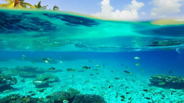 Tropical paradise island in over under view of coral reef. Split view of relaxing vacation beach with a waterline