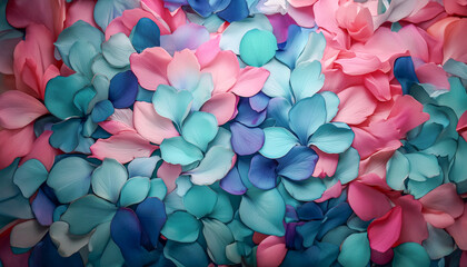 Fototapeta premium A vibrant array of pastel-colored petals in shades of pink, blue, and teal, creating a visually appealing and harmonious floral pattern Generative AI