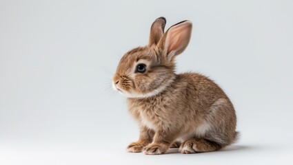 Fototapeta premium Cute eight-week-old brown baby rabbit sitting and gazing to the side, on a white background.