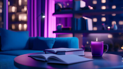 Cozy Evening Setup with Candle and Books in Purple Ambient Light