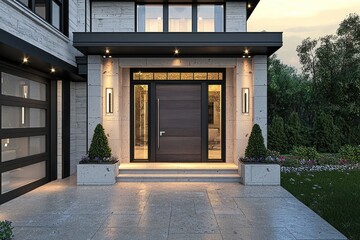 Contemporary home entry reflects 2025 style with sidelights.