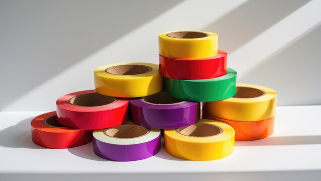 Colorful label rolls in red, yellow, and green stacked on a white background. Labels designed for printing on a printer.
