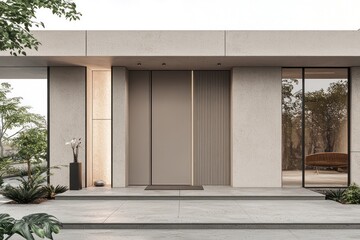Minimalist facade surrounds neutral 2025 color door at contemporary entry.