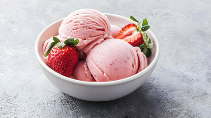 Three Scoops Of Pink Strawberry Ice Cream With Fresh Strawberries In A White Bowl On A Gray Textured Surface