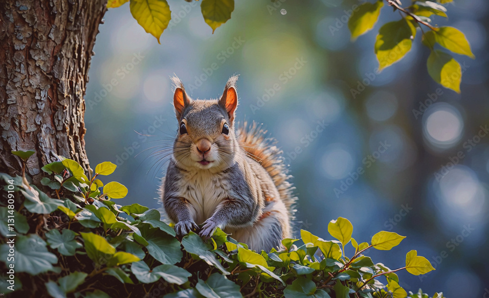 Poster Squirrel is sitting on a tree branch. The tree is surrounded by green leaves and the squirrel is looking at the camera