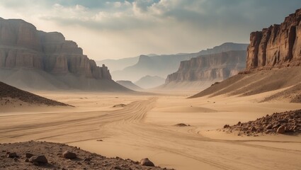 Fototapeta premium Safari and travel, extreme adventures or scientific exploration in a rocky desert. Mountain scenery with dust along the horizon, hills, and marks from an off-road vehicle.