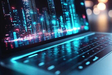 Fototapeta premium A futuristic cityscape displayed on a laptop screen, showcasing vibrant neon lights and digital architecture.