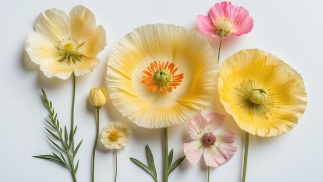 Pressed and dried fragile yellow flowers. Isolated against a white background. Suitable for scrapbooking, floristry, or herbarium use.