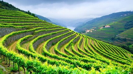 Portugal Vineyard Terraces, Lush Green Grapes, Misty Valley, Scenic View