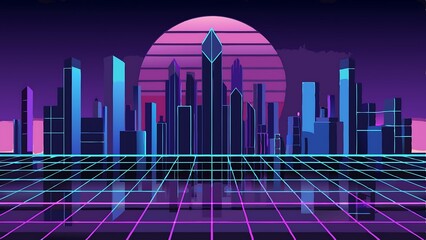 Retro futuristic cityscape at sunset. Synthwave, 80s style.