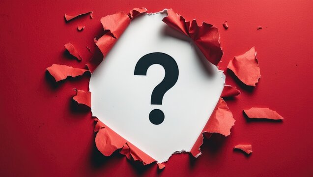 Question mark concept. Torn red paper featuring a question mark in the background.