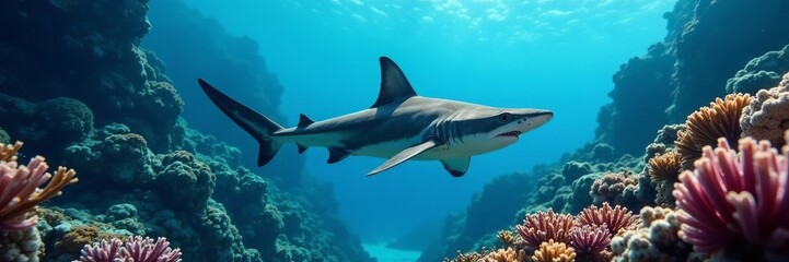 Obraz premium Black tip reef shark gracefully gliding through coral reef, predator, shark, marine wildlife