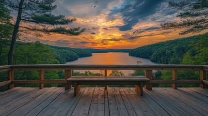 Obraz premium Serene lake view from wooden deck at sunset with vibrant sky and lush green forest offering peaceful nature scenery