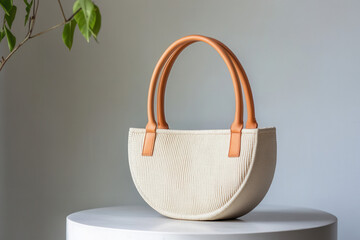 Stylish woven handbag display on minimalist table indoor product photography modern aesthetic