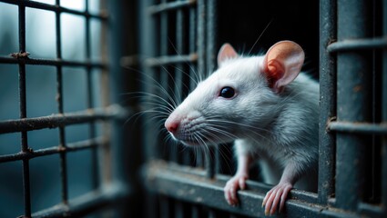 Obraz premium Curious white rat gazing outside of a cage.