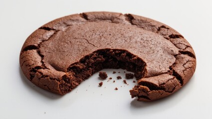 Obraz premium A solitary chocolate biscuit cookie with a bite taken out, highlighting its texture and ingredients, set against a clean white backdrop.
