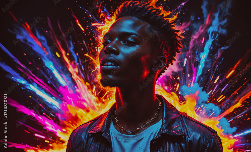Poster Man with a black jacket and a necklace is standing in front of a colorful explosion. The explosion is made up of bright colors and sparks, creating a dynamic and energetic atmosphere. The man's