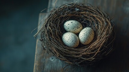Obraz premium A delicate nest made of twigs holds three beautifully speckled eggs, softly illuminated by natural afternoon light, evoking a sense of tranquility and nature's artistry