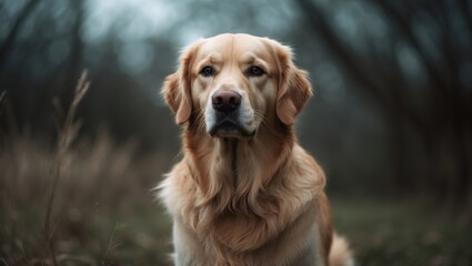 Fototapeta premium Portrait of a Purebred Golden Retriever dog in the outdoors.