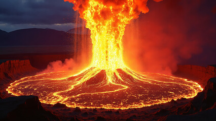 A volcanic eruption with its explosive eruption column cascading lava flows and profound transformation it brings to surrounding environment