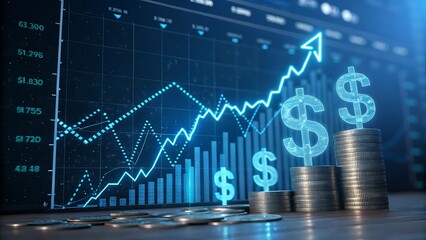 Rising graph with dollar signs on stacks of coins.  Concept of financial success, investment, and profit.