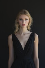 Fototapeta premium Beautiful blonde woman in black dress. Pictorial feel. Model.