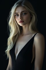 Naklejka premium Beautiful blonde woman in black dress. Pictorial feel. Model.