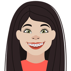 Cheerful, smiling brown-haired girl with braces. Vector illustration of a smiling child. Cartoon picture isolated on white background. 
