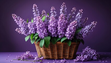 Fototapeta premium Spring lilac flowers in a wicker basket on a purple background. Concept of trendy lavender color. Vintage decoration.