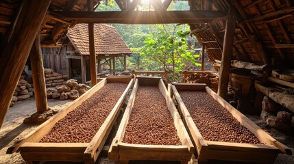 Obraz premium Rustic Charm of Coffee Bean Drying in Traditional Wooden Trays Under Sunlight in Rural Setting
