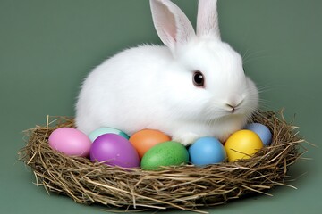 White bunny, Easter eggs, nest, green background