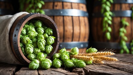 Hops in a bag and wheat ears on a weathered wooden table for beer brewing ingredients. Concept of a beer brewery featuring closeup imagery of hop cones and wheat. A sack of hops alongside a sheaf o...