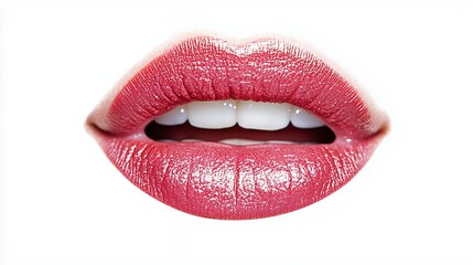 Close Up of Red Sparkle Glossy Lips and White Teeth on White Background