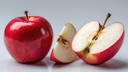 Red apple, sliced in half and showing a piece isolated on a white background, featuring a clipping path and full depth of field, cut out.